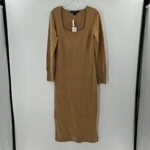 French Connection Square Neck Ribbed Midi Sweater Dress - Camel - Medium - NWT
